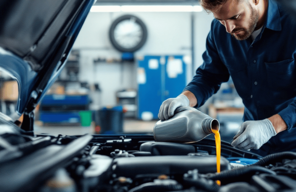 Mechanic performing oil change in Detroit at Detroit Muffler and Brakes