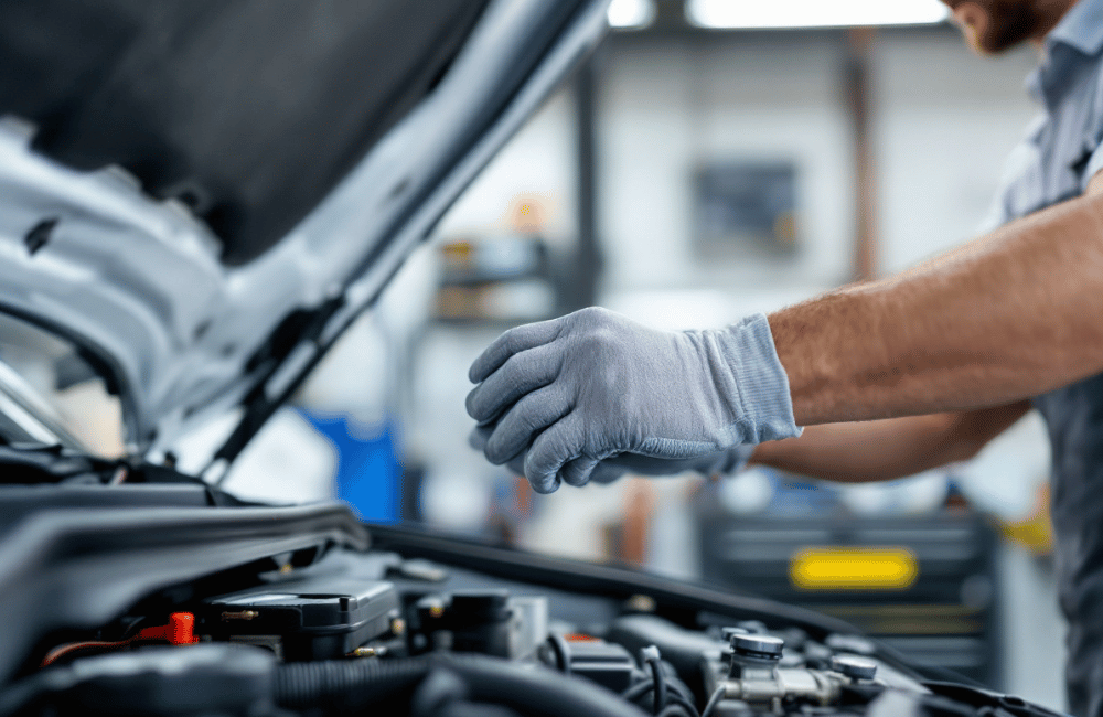 Mechanic performing car AC repair at Detroit Muffler and Brakes.