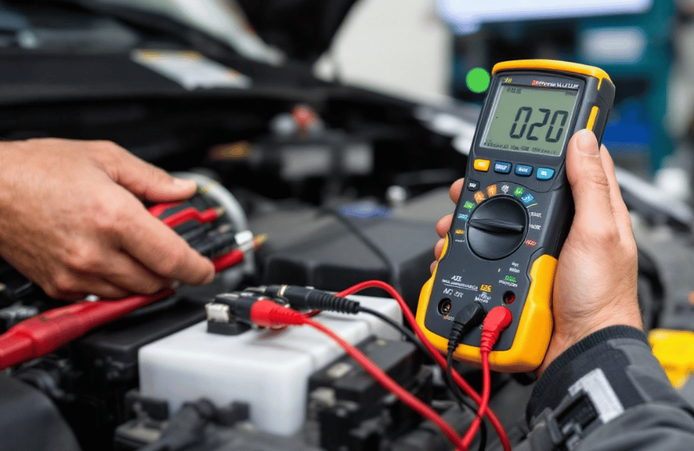 Mechanic testing vehicle battery and wiring system at Detroit Muffler and Brakes – Auto Electrical Repairs Detroit