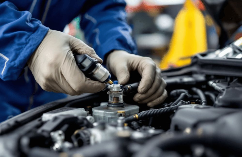 Certified mechanic performing fuel injector cleaning at Detroit Muffler and Brakes.