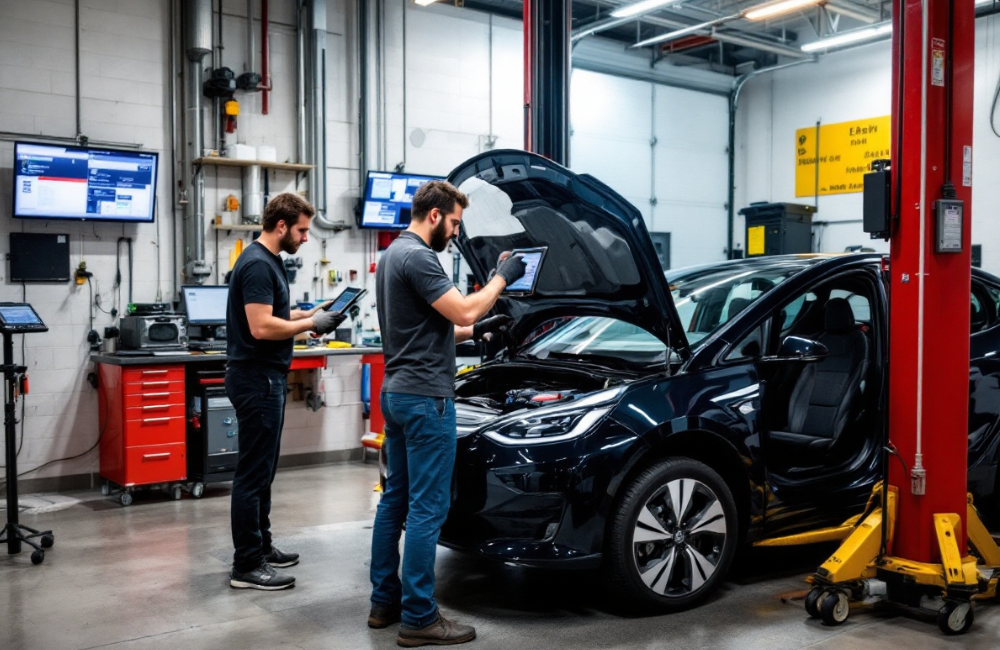 Detroit mechanic shop equipped with modern diagnostic tools and servicing an electric vehicle.