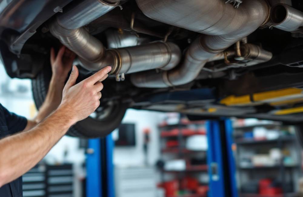 ASE-certified mechanic performing muffler inspection near Metro Auto Care Goodyear in Detroit at Detroit Muffler and Brakes.