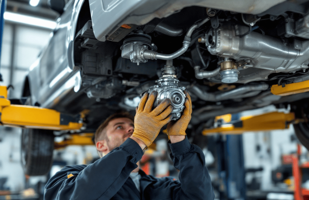 Certified mechanic inspecting vehicle transmission at Detroit Muffler and Brakes